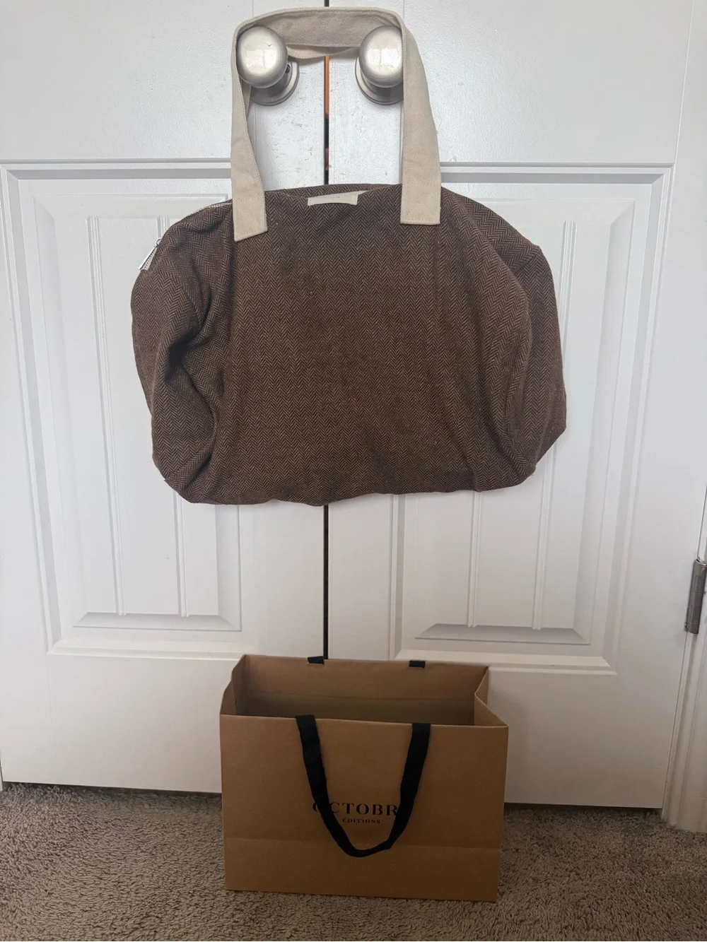 Brown Canvas Weekend Tote with Cream Handles new